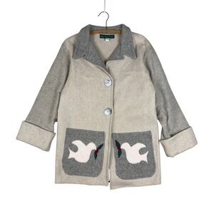 Vtg Rusty Tipton Designs Wool Coat Women's Small Beige Gray Applique Folk Jacket